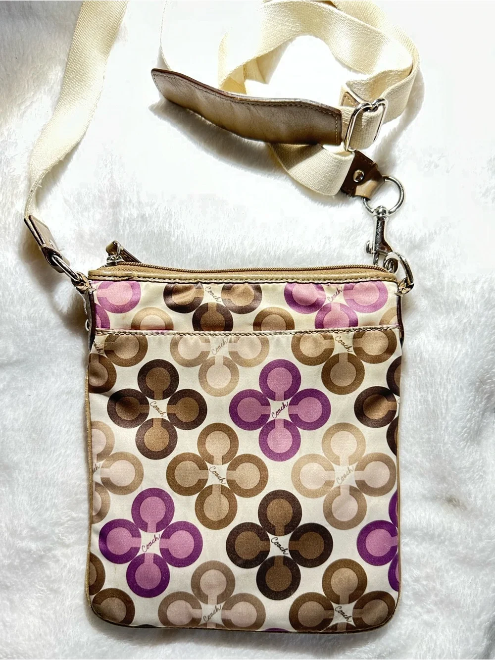 Coach Beige Crossbody Bag with Purple and Brown Signature Print
